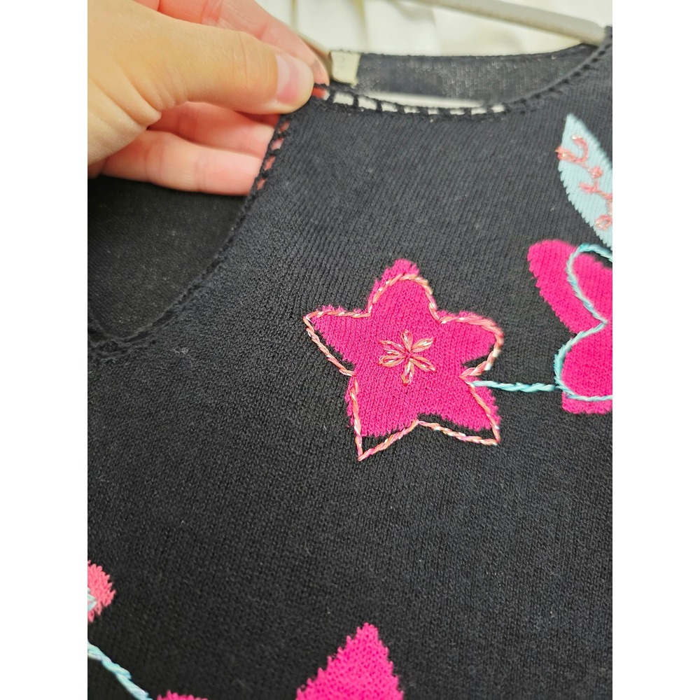Sigrid Olsen vintage Black Floral Embroidered V-Neck Sweater XL coastalgrandma - Picture 10 of 10